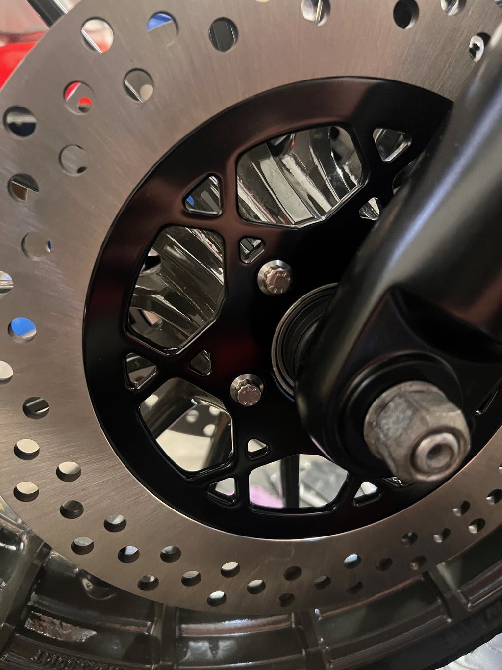 ARP front brake rotor bolts installed on Harley Dyna