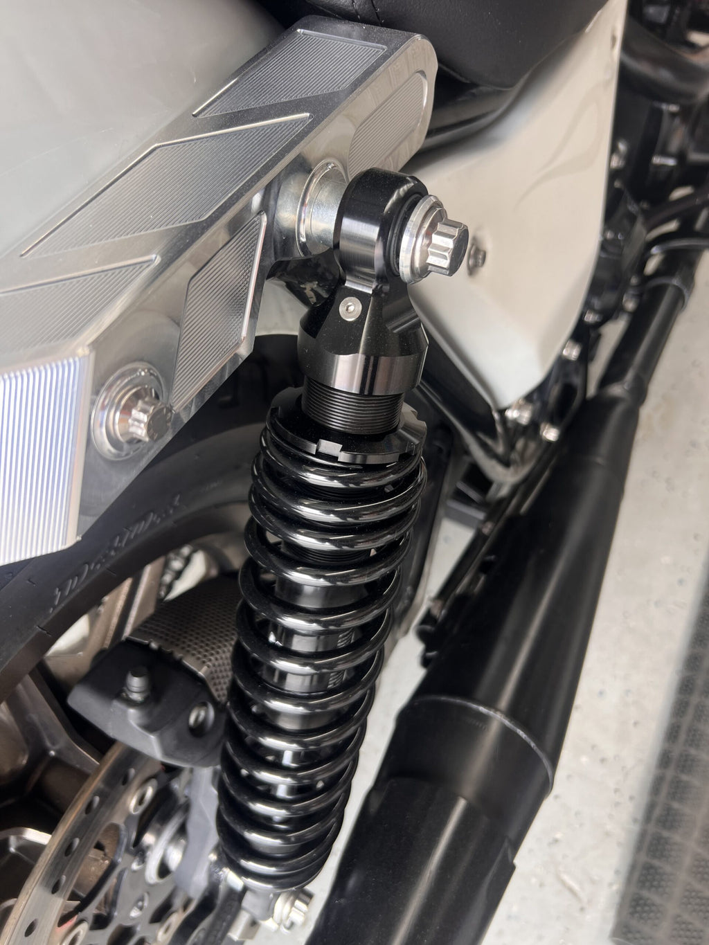 ARP 12-point rear shock mounting hardware installed on Harley FXR