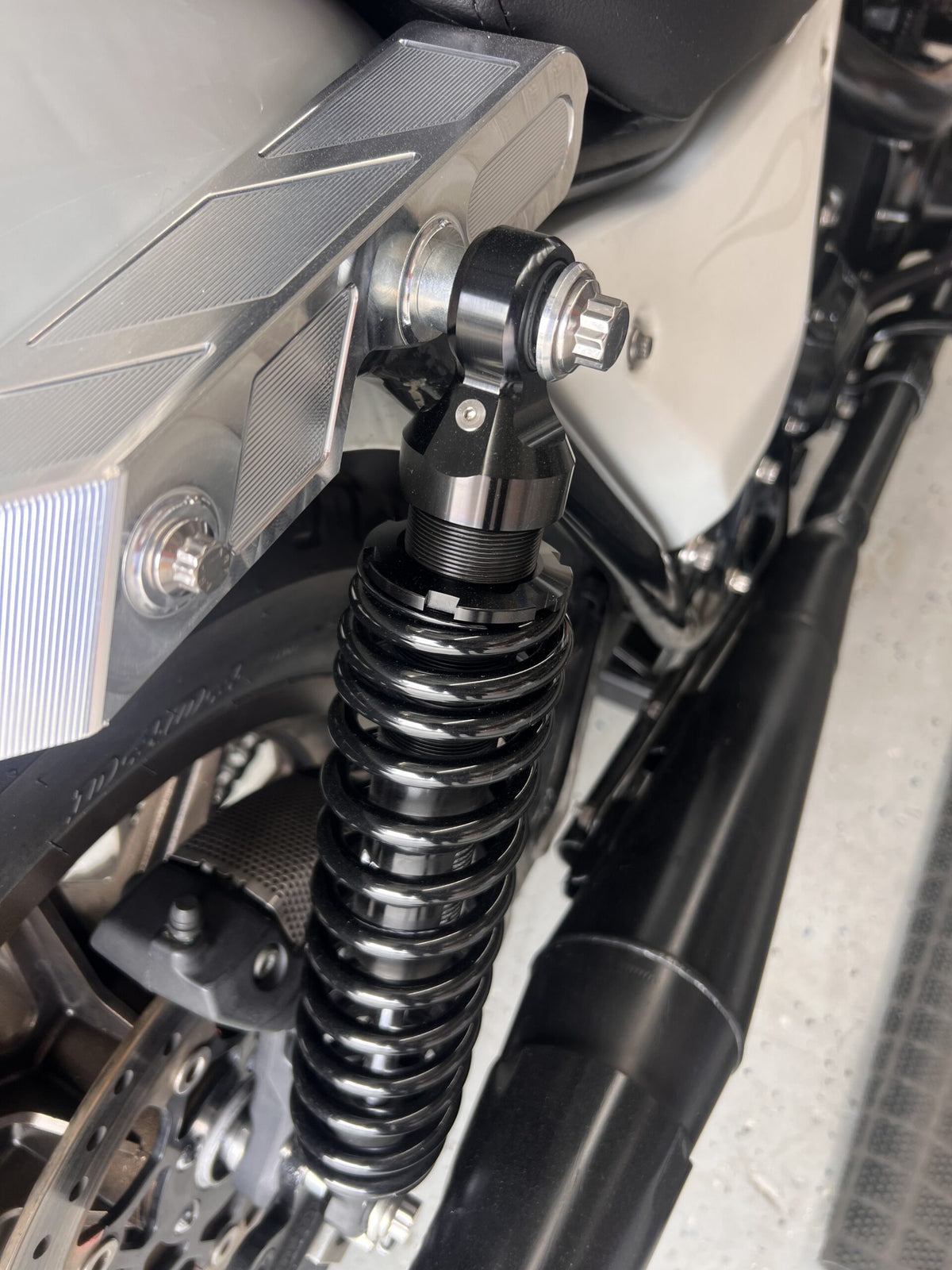 ARP 12-point rear shock mounting hardware installed on Harley FXR