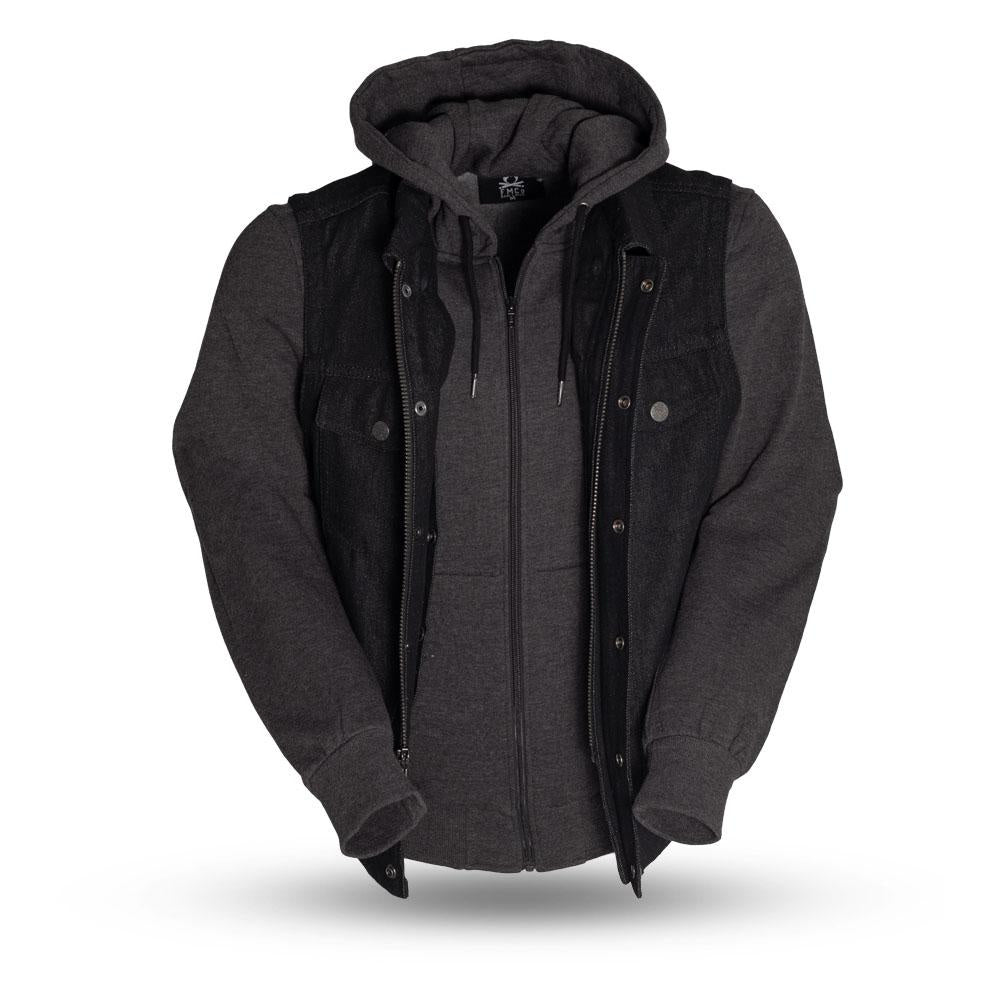 First MFG Rook Men's Motorcycle Denim Vest with Hoodie