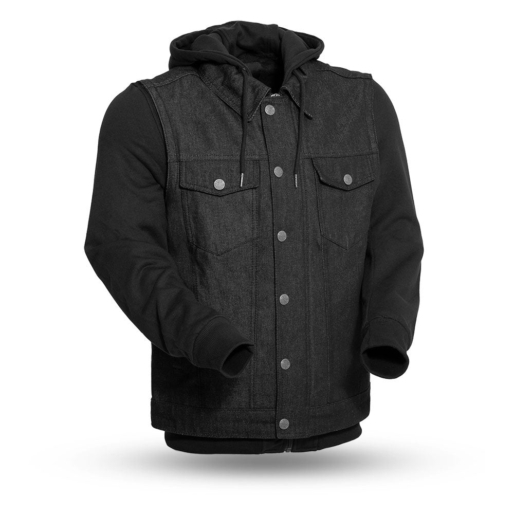 First MFG Rook Men's Motorcycle Denim Vest with Hoodie