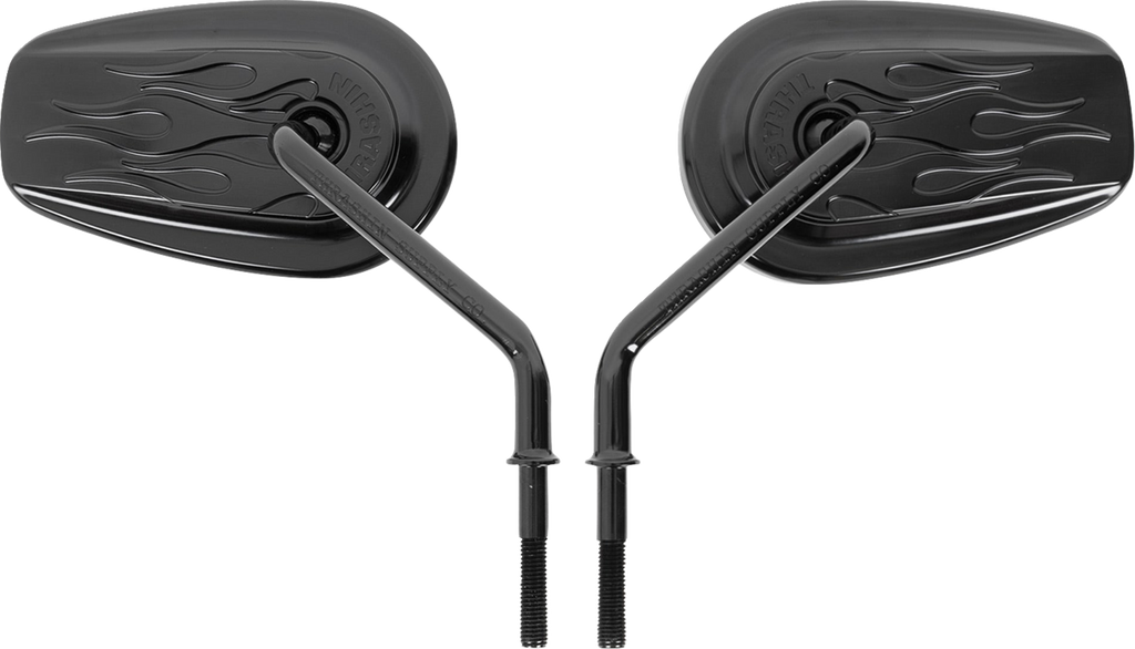 Left and right Thrashin Billet Mini Mirrors for Harley-Davidson black flames
