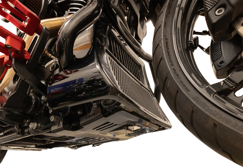Skid plate protecting exposed water line and wiring on Harley Road Glide