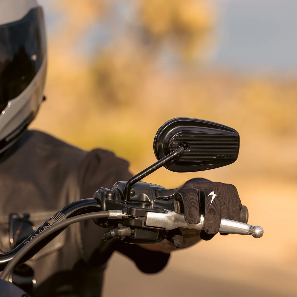 Thrashin Billet Mini Mirrors installed on compatible Harley handlebars